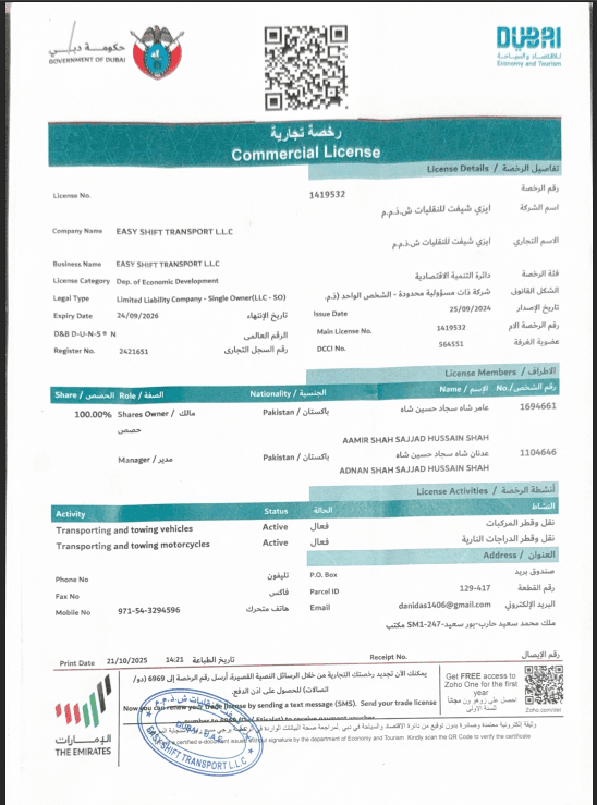 Easy Shift Transport LLC Dubai Commercial License