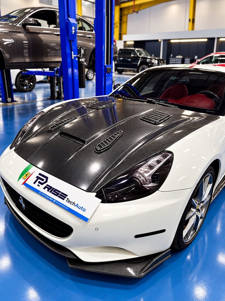 Ferrari Repair & Service Dubai 52 Ferrari California with a carbon fibre bonnet in the Rise Tech Auto workshop in Dubai