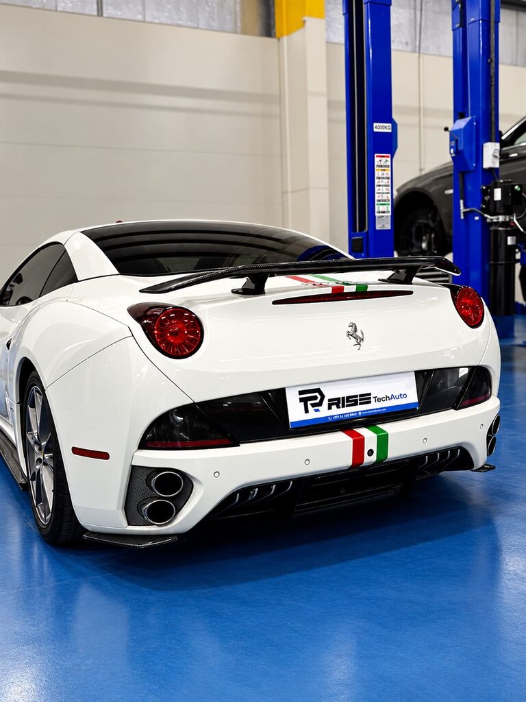 Ferrari Repair & Service Dubai 51 White Ferrari California in the Rise Tech Auto workshop in Dubai