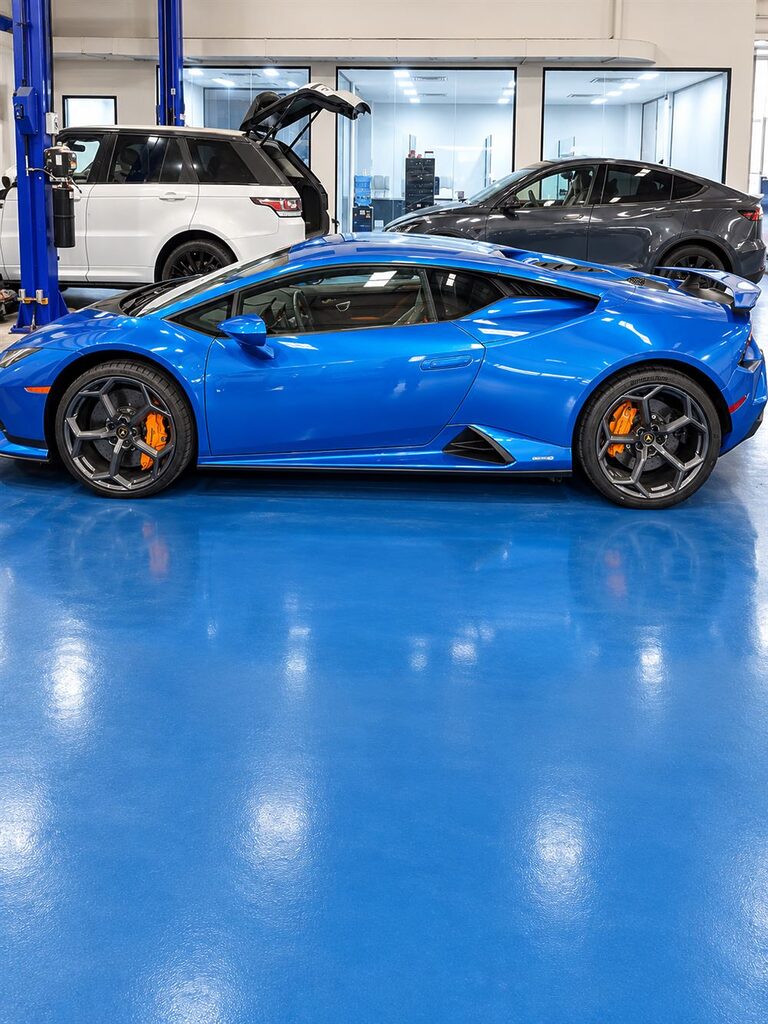 Lamborghini Repair & Service Dubai 47 Blue Lamborghini Huracan in the Rise Tech Auto workshop in Dubai Investment Park