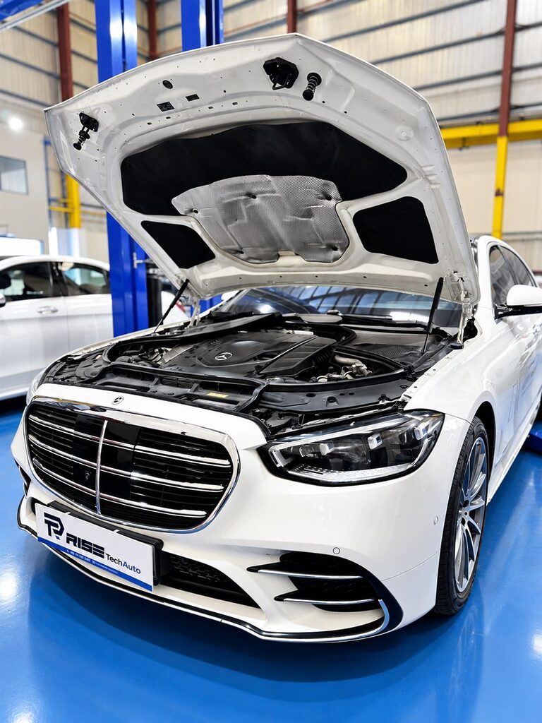 Car AC Repair Dubai 46 Mercedes-Benz S-Class with the bonnet open for AC and engine bay inspection in our Dubai workshop